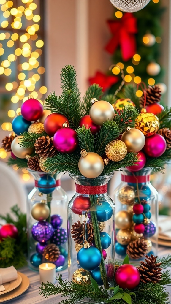 Christmas vases filled with ornaments and greenery on a festive table.